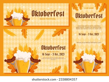 Oktoberfest German beer festival background, vertical and horizontal banner collection. Design with glass of beer, forks with grilled sausage, wheat and leaves. Light yellow rhombus pattern