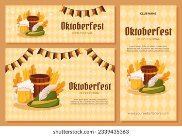 Oktoberfest German beer festival background, vertical and horizontal banner collection. Green Hat, beer mug, wooden barrel, Germany colors festive garland, wheat, leaves. Light yellow rhombus pattern