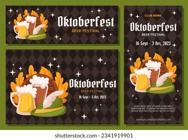 Oktoberfest Festival de cerveza alemán fondo, colección de banners verticales y horizontales. Diseño con vidrio de cerveza clara y oscura, sombrero tirolés y hojas. Patrón de Rhombus en la parte posterior