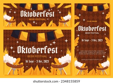 Oktoberfest Festival de cerveza alemán fondo, colección de banners verticales y horizontales. Diseño con vaso de cerveza, tenedores con salchicha a la parrilla, trigo y hojas, garland negro y amarillo. Rhombus patte