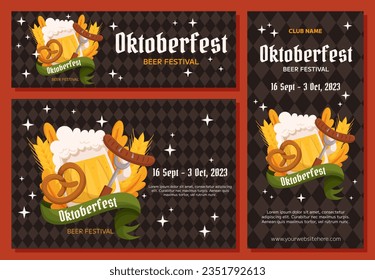 Oktoberfest German beer festival background, vertical and horizontal banner collection. Design with glass of beer, pretzel and fork with sausage, wheat and leaves. Rhombus pattern on back
