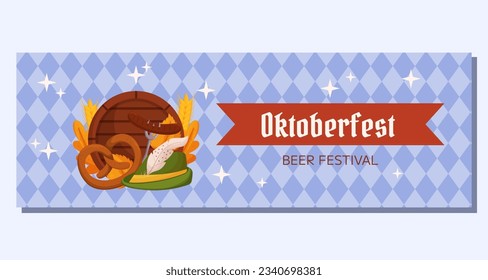 Oktoberfest German beer festival horizontal banner template. Design with Tyrolean hat, fork with grilled sausage, pretzel, wooden barrel, wheat and leaves. Light blue rhombus pattern