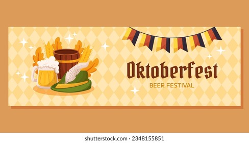 Oktoberfest Deutsches Bierfestival horizontale Banner Vorlage. Design mit Tiroler Hut, Bierkrug, Holzfass, Deutschland Farben festliche Garland, Weizen, Blätter. Hellgelbes Rhombus-Muster