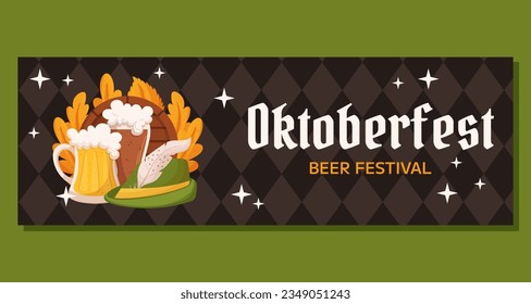 Oktoberfest German beer festival horizontal banner template. Design with glass of light and dark beer, tyrolean hat and leaves. Rhombus pattern on back