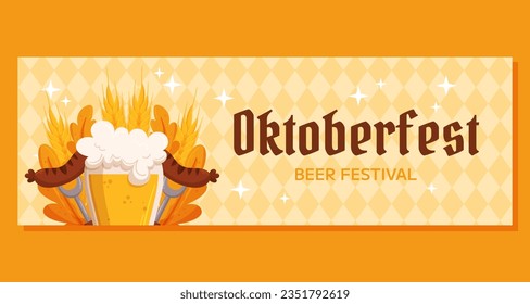 Oktoberfest German beer festival horizontal banner template. Design with glass of beer, forks with grilled sausage, wheat and leaves. Light yellow rhombus pattern