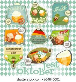 Oktoberfest German Beer Festival Labels Set - Beer Mugs with Foam, Sausage and  Pretzel. Vector Illustration.