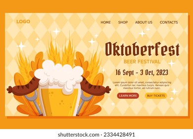 Oktoberfest German beer festival Landing template design. Design with glass of beer, forks with grilled sausage, wheat and leaves. Light yellow rhombus pattern