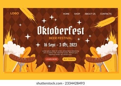 Oktoberfest German beer festival Landing template design. Design with glass of beer, forks with grilled sausage, wheat and leaves, black and yellow garland. Rhombus pattern on back