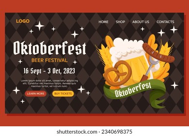 Oktoberfest German beer festival Landing template design. Design with glass of beer, pretzel and fork with sausage, wheat and leaves. Rhombus pattern on back