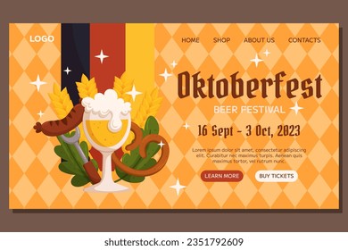 Oktoberfest German beer festival Landing template design. Design with glass of beer, fork with grilled sausage, pretzel, wheat and leaves, Germany color flag. Light orange rhombus pattern