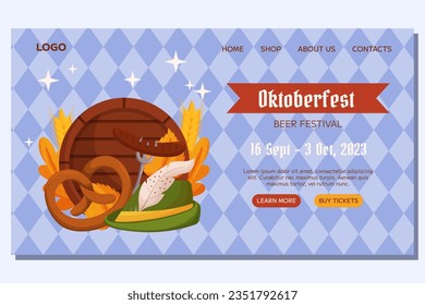 Oktoberfest German beer festival Landing template design. Design with Tyrolean hat, fork with grilled sausage, pretzel, wooden barrel, wheat and leaves. Light blue rhombus pattern