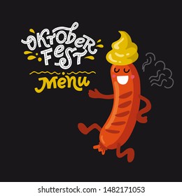 Oktoberfest- german beer festival in Munich. Vintage template for menu. Cartoon design with kawaii character grill sausage with mustard. flat vector illustration for card, print.