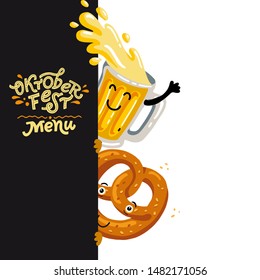 Oktoberfest- german beer festival in Munich. Vintage template for menu. Cartoon design with kawaii beer, pretzel characters. flat vector illustration for card, print.