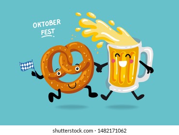 Oktoberfest- german beer festival in Munich. Vintage food poster cartoon design.  Kawaii characters beer, pretzel dance. Fanny Template flat vector illustration for menu, card, print.