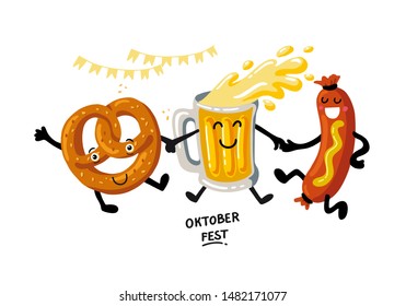 Oktoberfest- german beer festival in Munich. Vintage food poster cartoon design.  Kawaii characters beer, pretzel, sausage dance. Fanny Template flat vector illustration for menu, card, print.