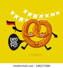 Oktoberfest- german beer festival in Munich. Vintage food poster cartoon design with kawaii character pretzel, holding the flag of Germany. Template flat vector illustration for menu, card, print.