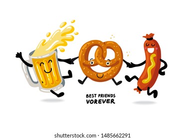 Oktoberfest- german beer festival in Munich. Vintage food poster cartoon design.  Kawaii characters beer, pretzel, sausage dance. Fanny Template flat vector illustration for menu, card, print.