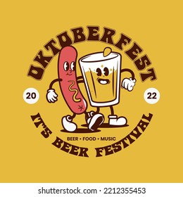 Oktoberfest - german beer festival in Munich. Poster cartoon design. Kawaii characters Friends beer, pretzel, sausage.  Fanny Template flat vector illustration for menu, card, print.