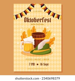 Oktoberfest German beer festival poster template. Design with Tyrolean hat, beer mug, wooden barrel, Germany colors festive garland, wheat, leaves. Light yellow rhombus pattern