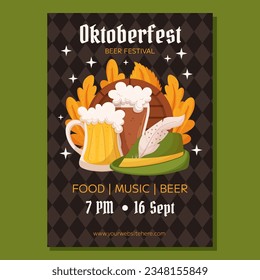 Oktoberfest German beer festival poster template. Design with glass of light and dark beer, tyrolean hat and leaves. Rhombus pattern on back