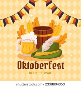 Oktoberfest German beer festival square social media post template. Design with hat, beer mug with foam, wooden barrel, Germany colors festive garland, wheat and leaves. Yellow with rhombus pattern