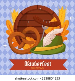 Oktoberfest German beer festival square social media post template. Design with Tyrolean hat, fork with grilled sausage, pretzel, wooden barrel, wheat and leaves. Light blue rhombus pattern