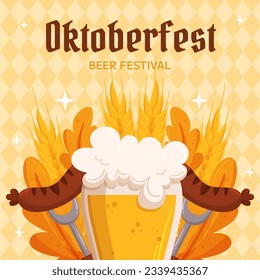 Oktoberfest German beer festival square social media post template. Design with glass of beer, forks with grilled sausage, wheat and leaves. Light yellow rhombus pattern
