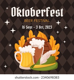 Oktoberfest German beer festival square social media post template. Design with glass of light and dark beer, tyrolean hat and leaves. Rhombus pattern on back