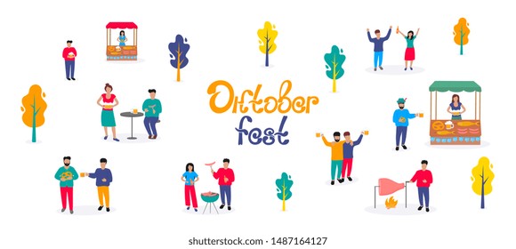 Oktoberfest - German beer festival. Tiny men and women have a drink and a barbecue. Autumn outdoor scene