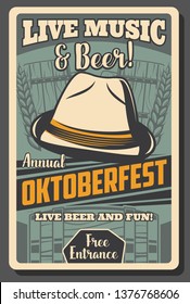 Oktoberfest German beer festival vector design with craft beer mugs, Bavarian felt hat, wooden barrel and rye or barley ears. Autumn fest of breweries drinks and restaurant food retro poster