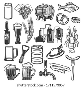 Oktoberfest German beer festival vector icons of food and traditional symbols. Bavarian craft beer in wooden barrel, bottle opener and Tyrolean hat, pint mug with froth and bratwurst sausage