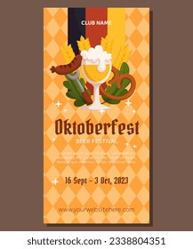 Oktoberfest German beer festival vertical banner template design. Design with glass of beer, fork with grilled sausage, pretzel, wheat and leaves, Germany color flag. Light orange rhombus pattern