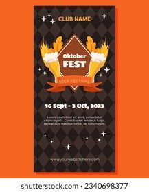 Oktoberfest German beer festival vertical banner template design. Design with glass of beer, wheat and leaves, banner ribbon. Rhombus pattern on back
