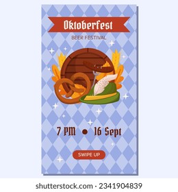 Oktoberfest German beer festival vertical social media stories template. Design with Tyrolean hat, fork with grilled sausage, pretzel, wooden barrel, wheat and leaves. Light blue rhombus pattern