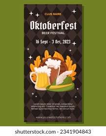 Oktoberfest German beer festival vertical banner template design. Design with glass of light and dark beer, tyrolean hat and leaves. Rhombus pattern on back