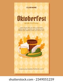 Oktoberfest Festival Alemán de cerveza diseño de plantillas de banner vertical. Diseño con sombrero tirolés, jarra de cerveza, barril de madera, colores alemanes, garganta festiva, trigo, hojas. Patrón de rhombus amarillo claro