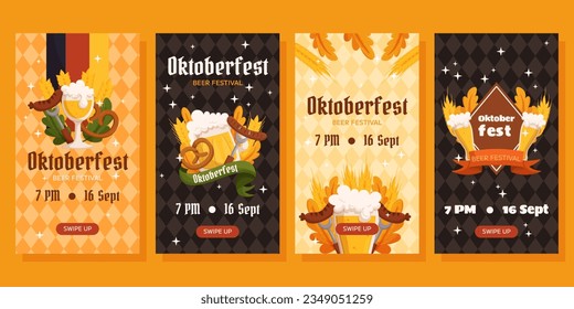 Oktoberfest German beer festival vertical social media stories collection. Designs with glass of beer, wheat and leaves, fork, sausage and flags. Rhombus pattern on back