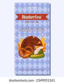 Oktoberfest German beer festival vertical banner template design. Design with Tyrolean hat, fork with grilled sausage, pretzel, wooden barrel, wheat and leaves. Light blue rhombus pattern