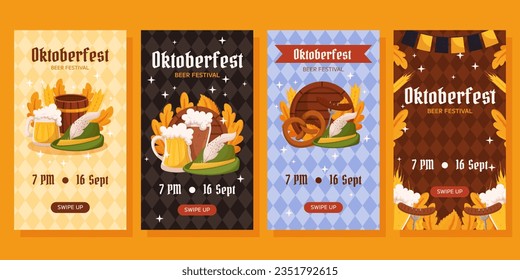 Oktoberfest German beer festival vertical social media stories collection. Designs with glass of beer, wheat and leaves, tyrolean hat and wooden barrel. Rhombus pattern on back