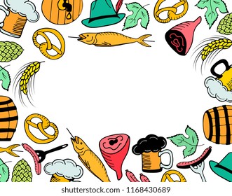 Oktoberfest German beer party. Frame with national traditional food and items in the doodle style in color.