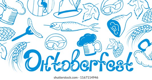 Oktoberfest German beer party. Poster with national traditional food and items in the doodle style.