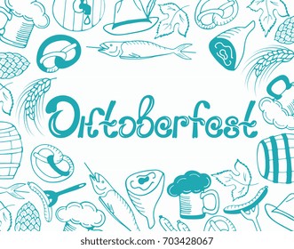 Oktoberfest German beer party. Poster with national traditional food and items in the doodle style. Hand drawn lettering