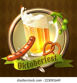 Oktoberfest german festival background with beer mug sausage pretzel and hop vector illustration.