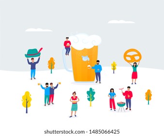 Oktoberfest - German festival. A huge glass of beer. Tiny men and women have a drink and a barbecue. Autumn outdoor scene