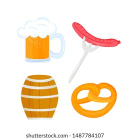 Oktoberfest German Festival. Set of a beer, sausage, pretzel,  barrel