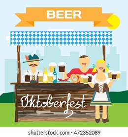 Oktoberfest german man in national costume. Men drink beer out of large mugs. Girl waitress with a beer mugs. Vector flat cartoon illustration 