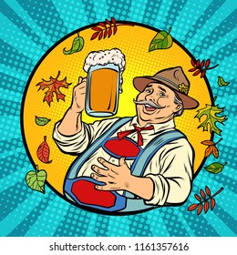 Oktoberfest German old man with beer. Comic cartoon pop art retro vector illustration drawing