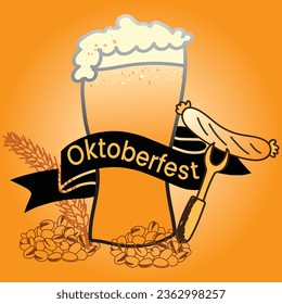 Oktoberfest German traditional beer festival banner. Octoberfest festival symbols. Full glass of beer with foam, pretzel loaf and wheat ears for October fest holiday. Oktoberfest background.