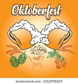 Oktoberfest German traditional beer festival banner. Octoberfest festival symbols. Full glass of beer with foam, pretzel loaf and wheat ears for October fest holiday. Oktoberfest background.