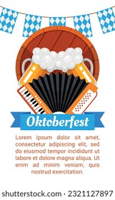 Oktoberfest Germany beer holiday party invitation poster with malt accordion and barrel isometric vector illustration. Traditional ale Bavaria alcohol beverage brewery festival with national flags